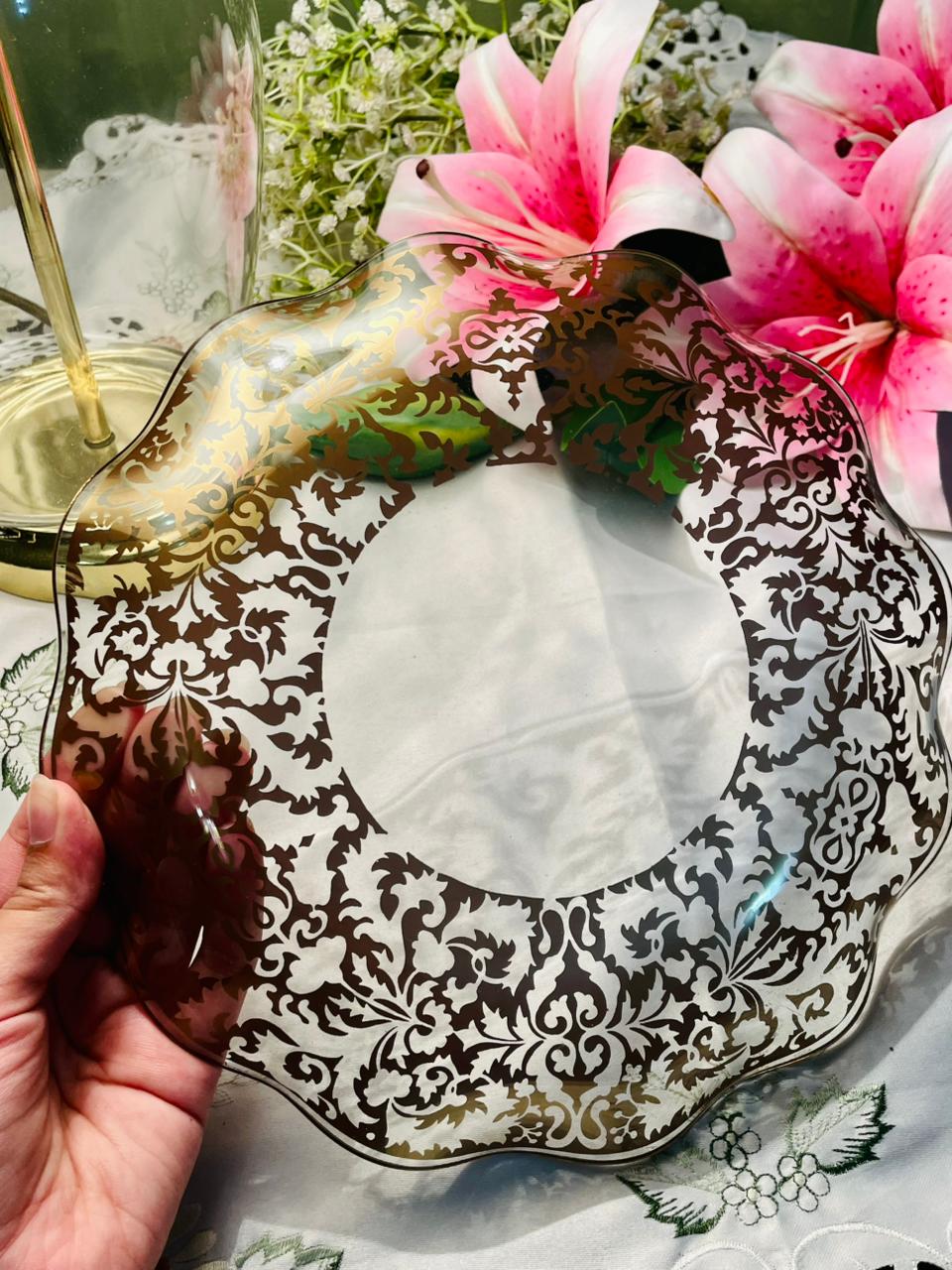 Vintage Gold Scroll Crystal Serving Plate 10 in