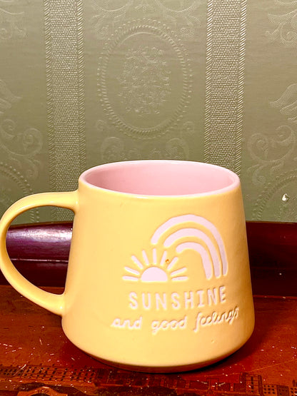 Yellow “Sunshine and Good Feelings” Ceramic Mug – Pink Interior Rainbow Design