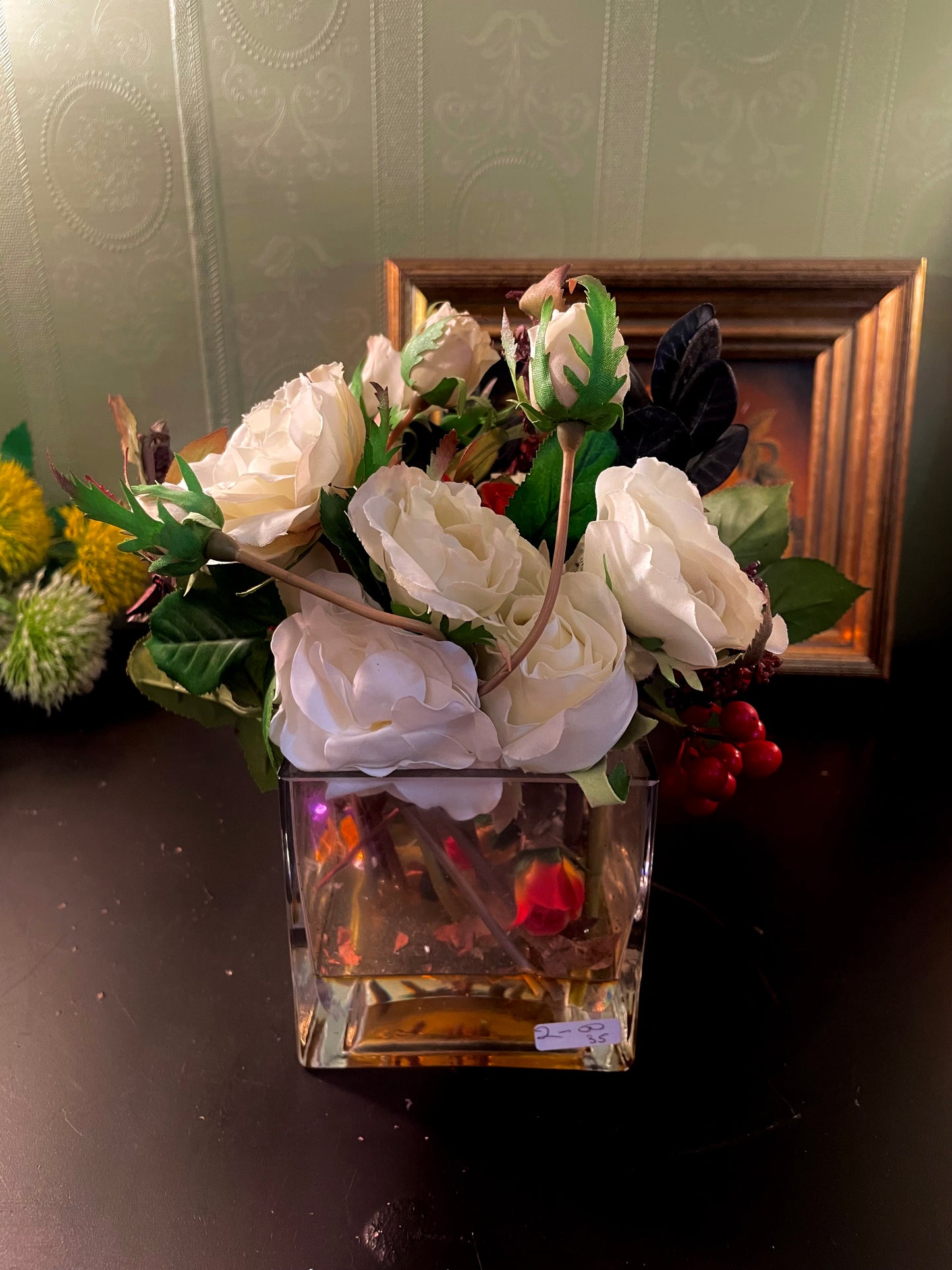 Artificial White Rose Arrangement in Square Glass Vase 9 Inch