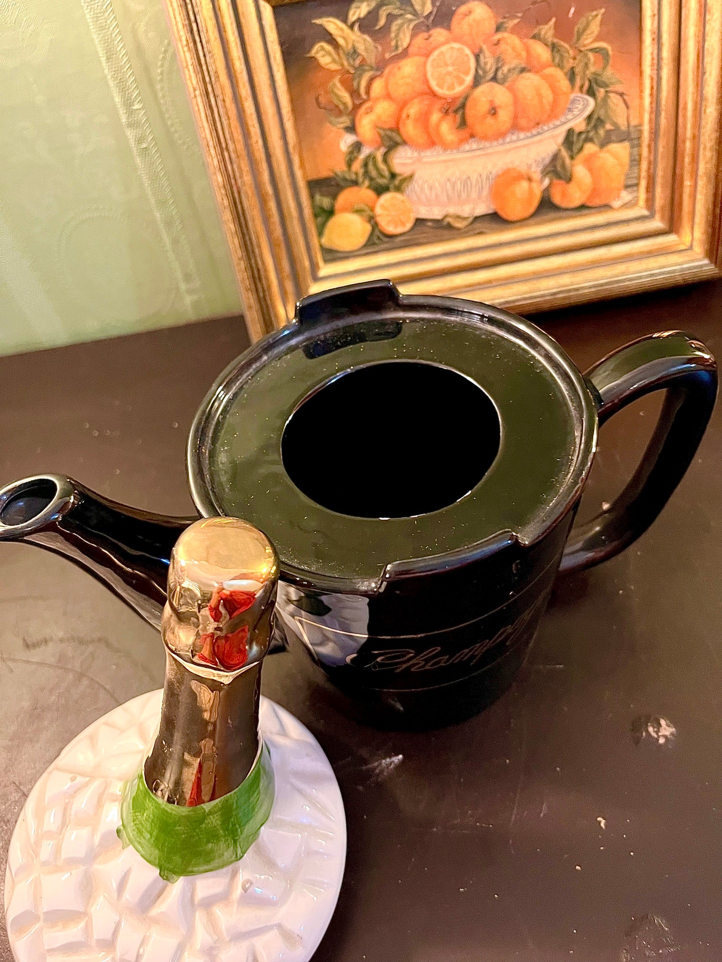 Novelty Champagne Bottle Ceramic Teapot – Black Celebration Tea Pot