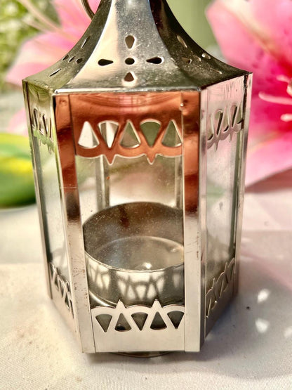 Silver-Tone Lantern Candle Holder with Clear Crystal Panels 12 cm