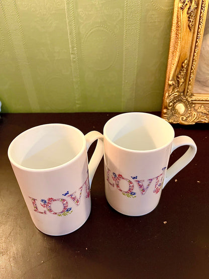Pair of LOVE Floral Ceramic Mugs – Tall Coffee Cups