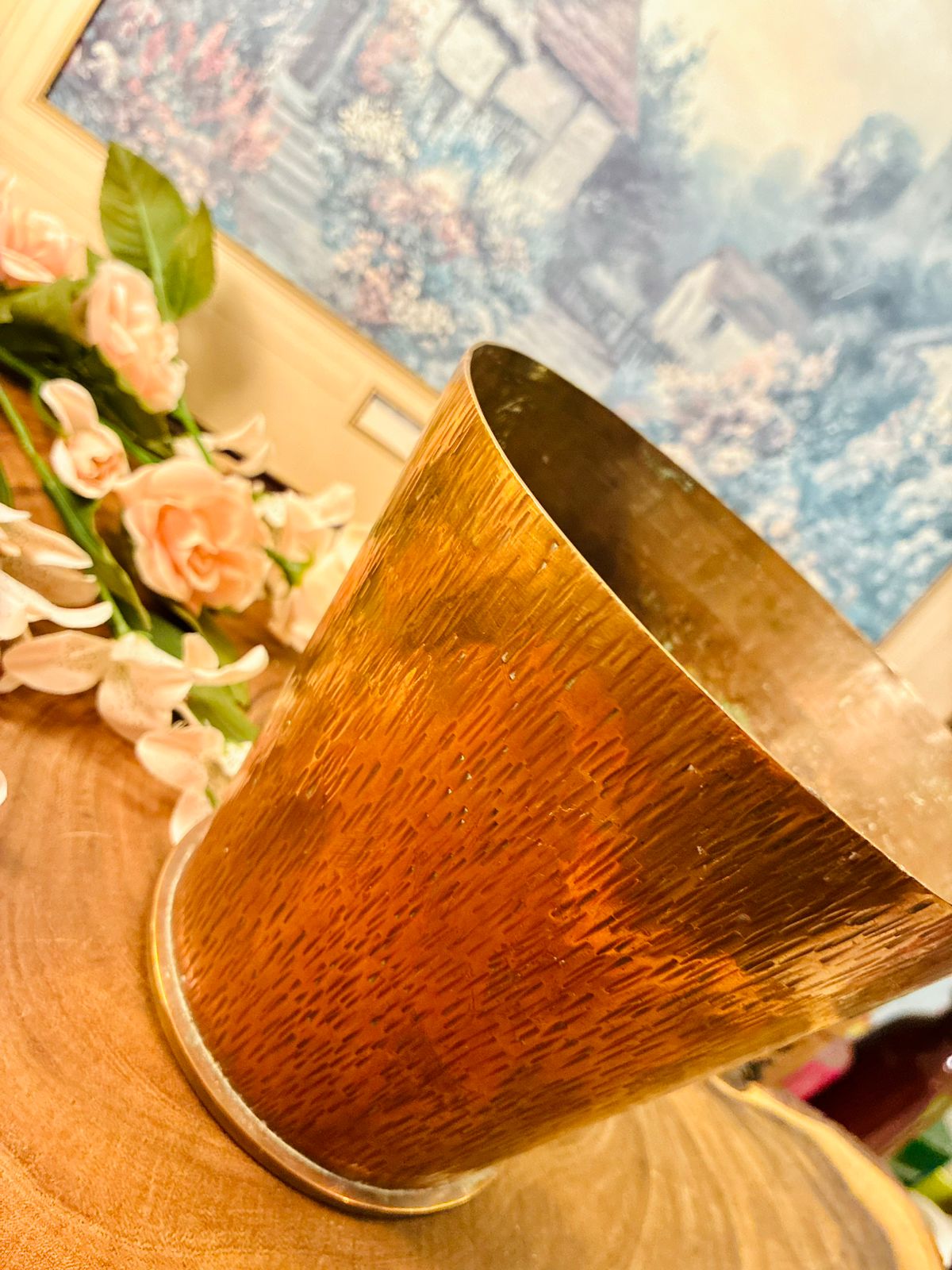 Vintage Brass Cachepot Planter with Woodgrain Finish