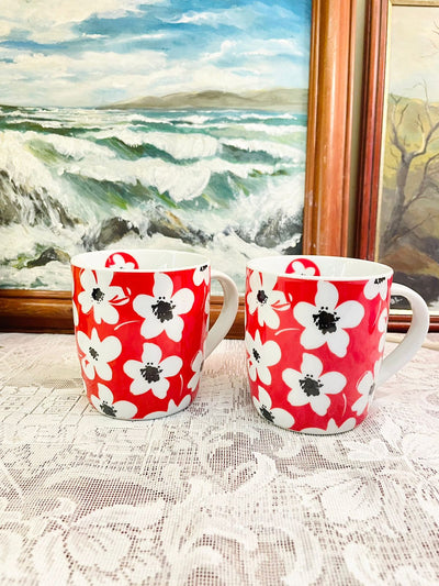 Pair of Wilko Red Floral Ceramic Mugs