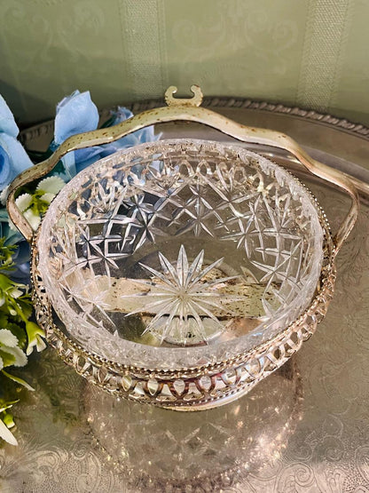 Vintage Cut Crystal Basket Bowl 13 cm Silver-Tone Handle