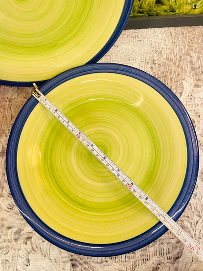 Vintage Green Swirl Ceramic Wall Plater with Blue Rim 10.5 in
