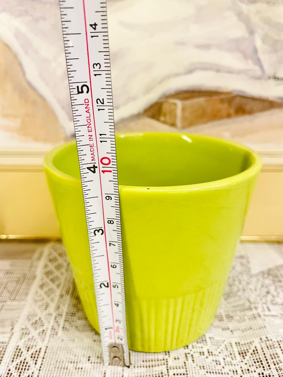 Vintage Lime Green Ribbed Ceramic Planter Pot