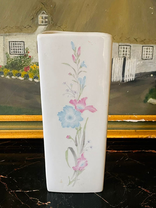 Elegant 8" vintage English porcelain wall vase with hand-painted pink lily design — perfect for wall decor or fresh floral arrangements.