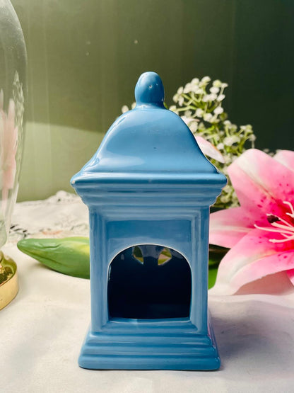 Blue Ceramic Lantern Candle Holder 15 cm Heart Cut-Out Design
