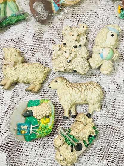 Vintage Sheep & Lamb Figurine Fridge Magnets – Cottage Set of 6