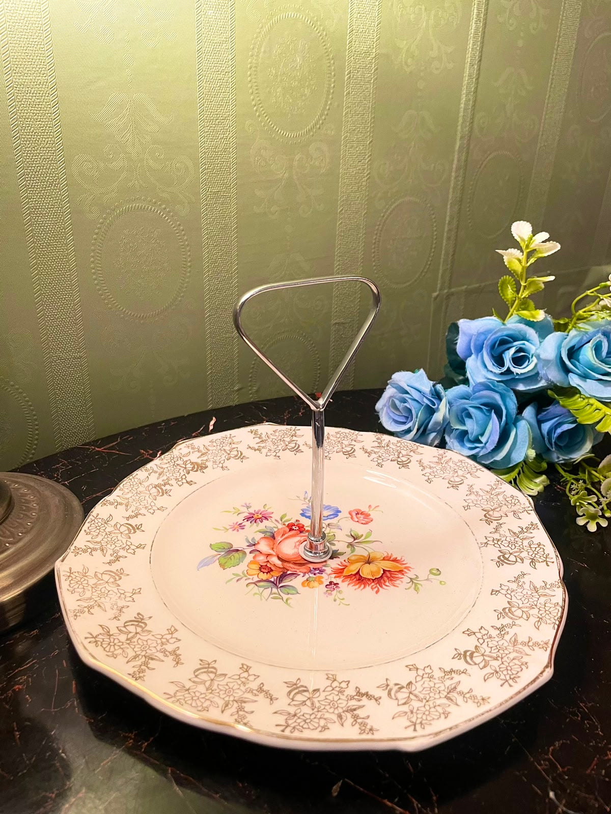 Vintage Floral Handled Cake Stand