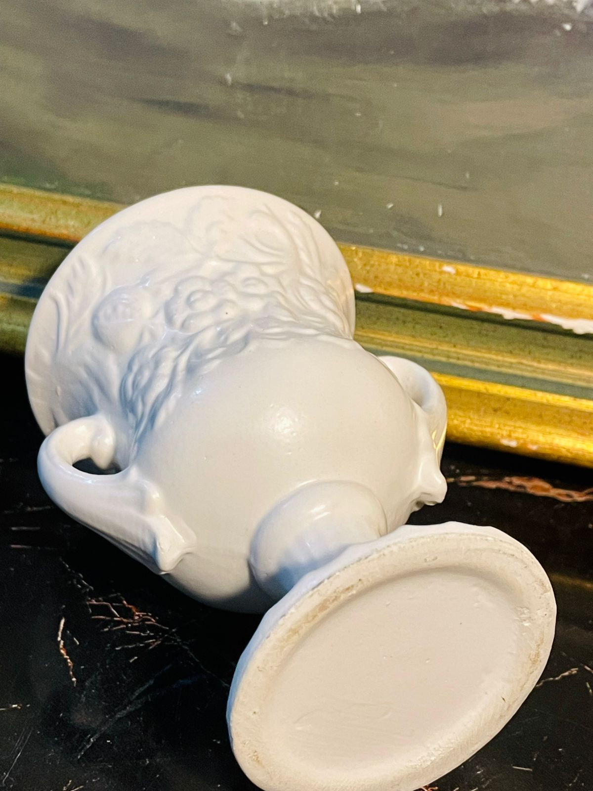 Vintage White Ceramic Urn Vase with Dual Handles – Grape & Leaf Relief Design