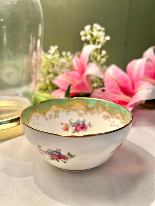Hammersley Floral Bone China Bowl with Green & Gold Rim – 12 cm