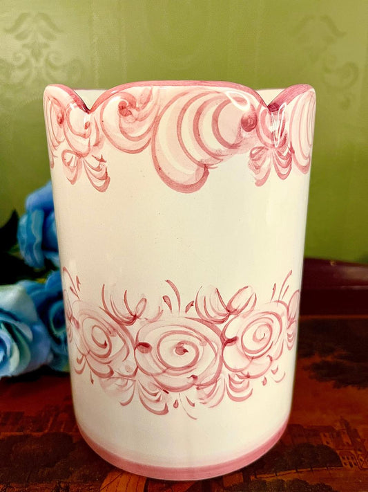 Vintage Pink Hand Painted Floral Ceramic Vase 15 cm Scalloped Rim
