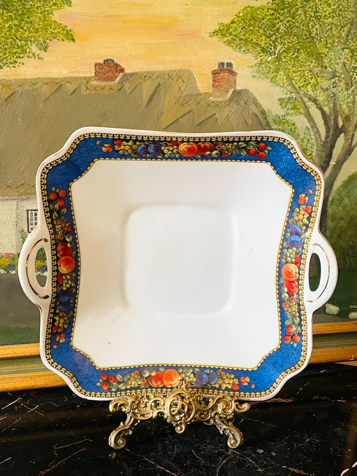 vintage english bowl, blue border serving dish, fruit vine porcelain, english ceramic handle bowl, cobalt blue vintage china, collectible european porcelain, antique english decor, sunset kitchen vintage, rare thrift find