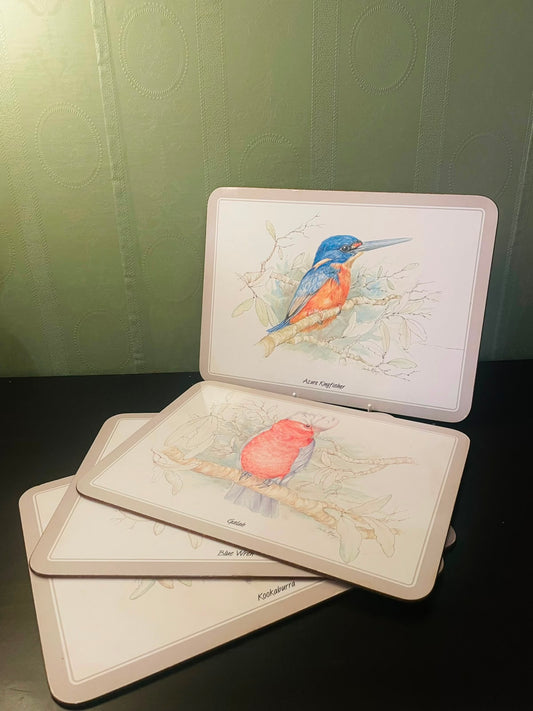 Set of 4 Vintage Cork-Back Bird Table Mats – Azure Kingfisher, Galah, Blue Wren & Kookaburra