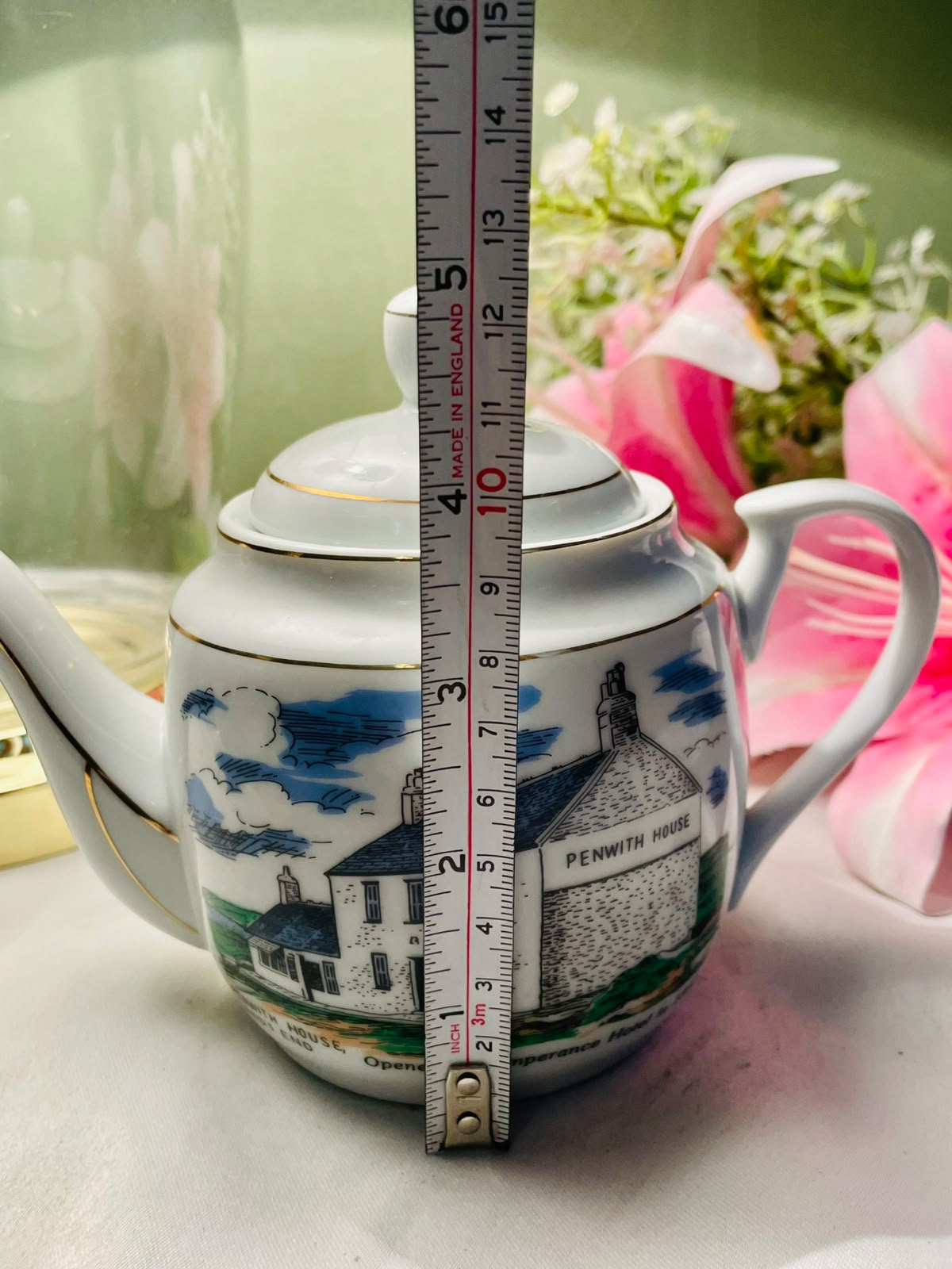 Vintage Penwith House Souvenir Teapot – Scenic Ceramic Teapot with Gold Trim – Approx. 12 cm
