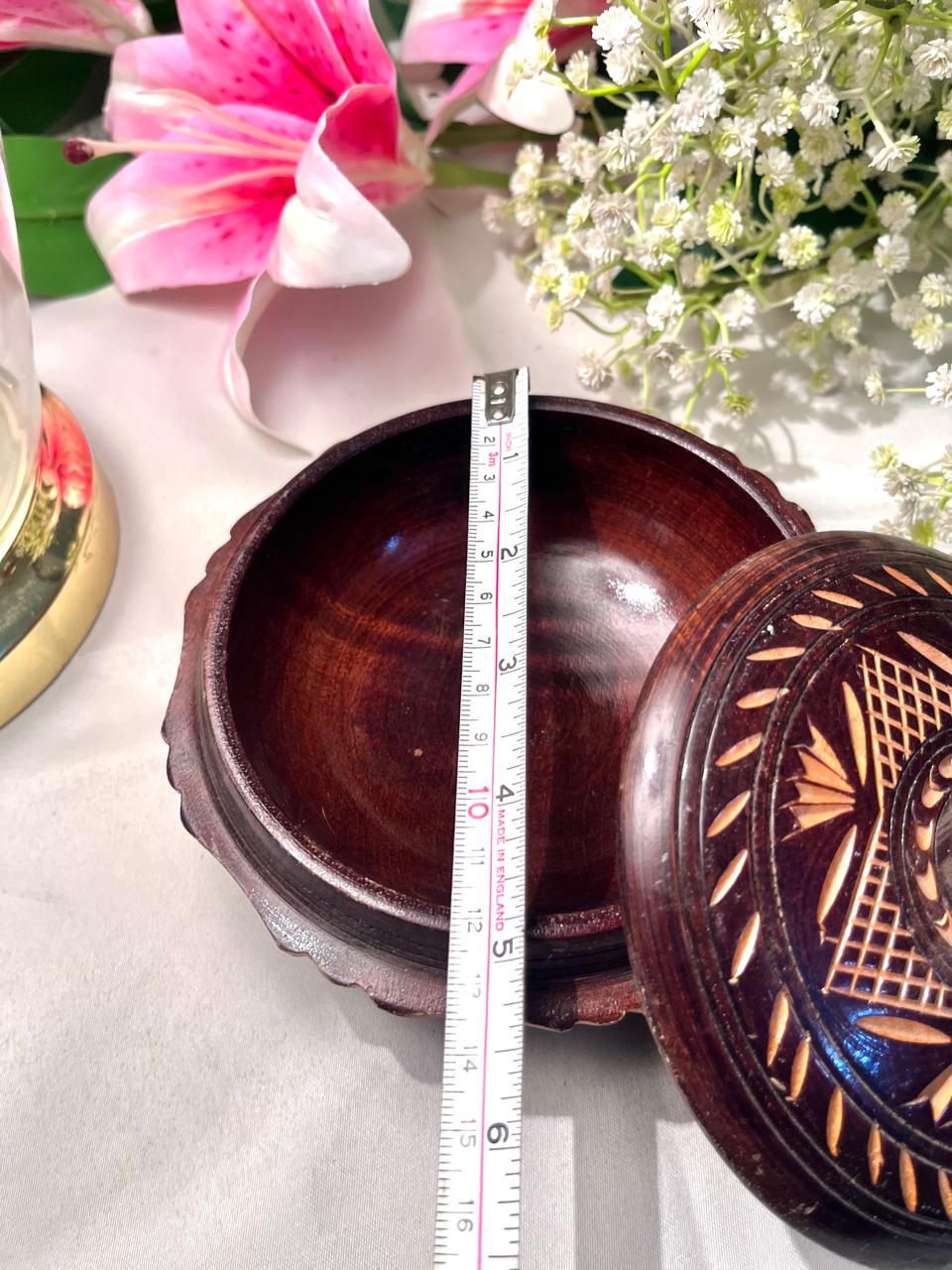 Carved Dark Wood Trinket Box with Lid – 13 cm