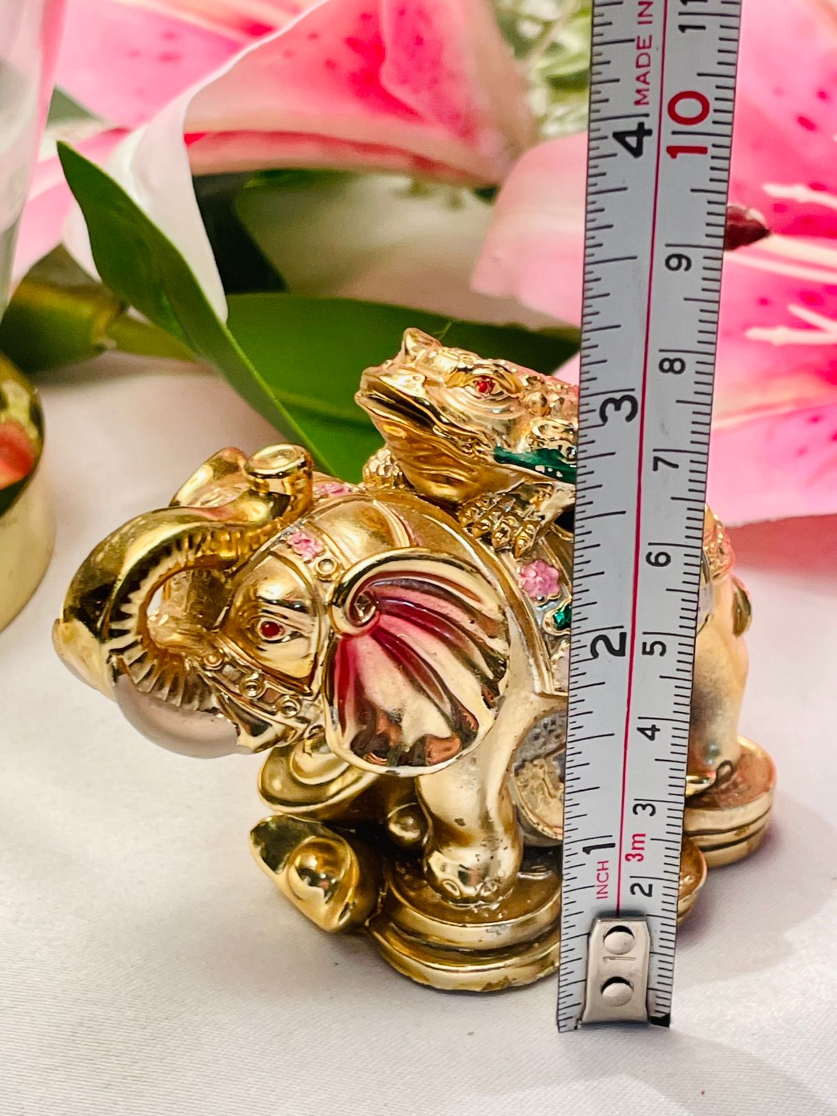 Gold-Tone Elephant & Dragon Feng Shui Figurine Approx. 8 cm Tall