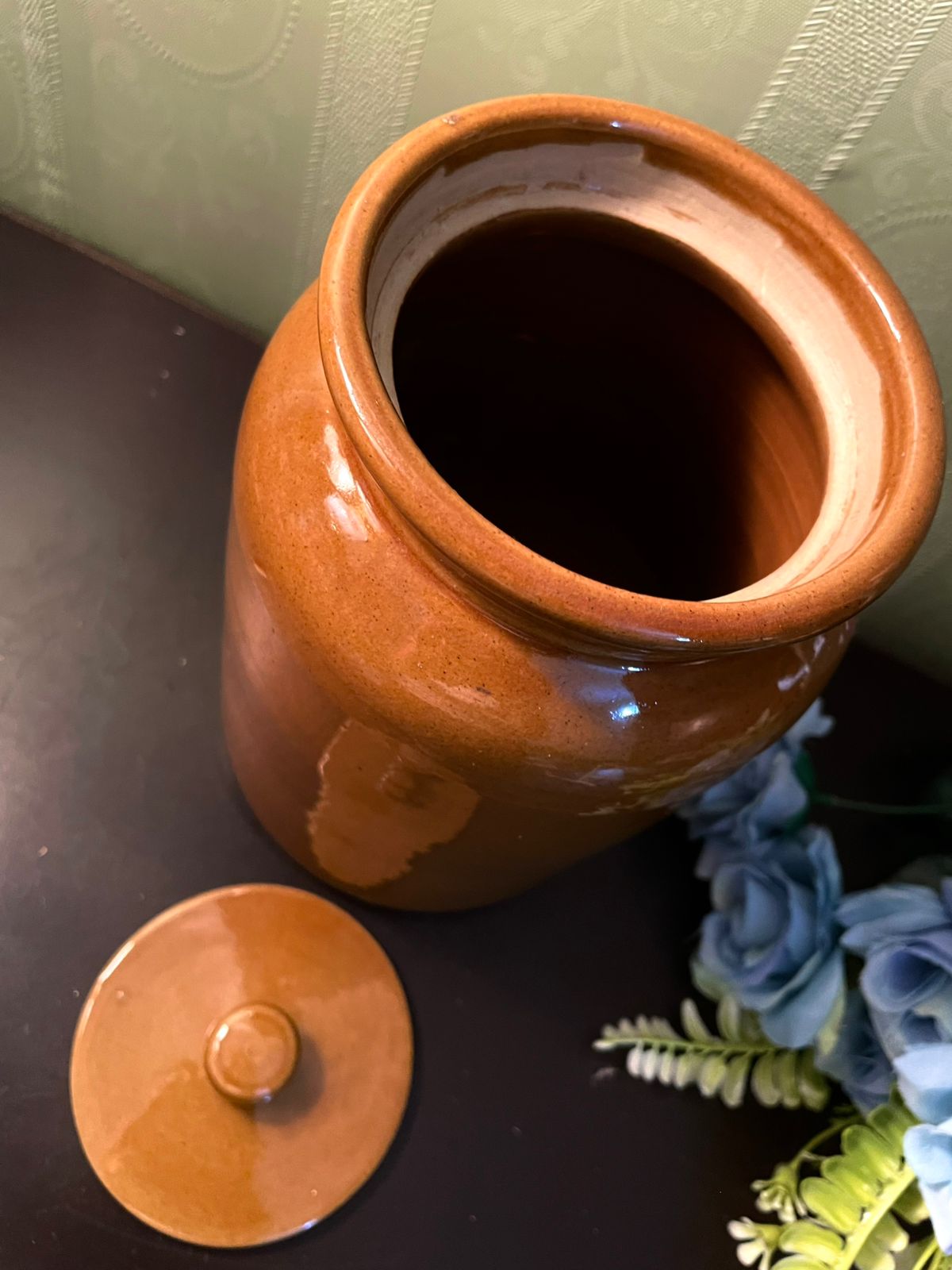 Vintage Brown Glazed Stoneware Storage Jar with Lid 8 Inch