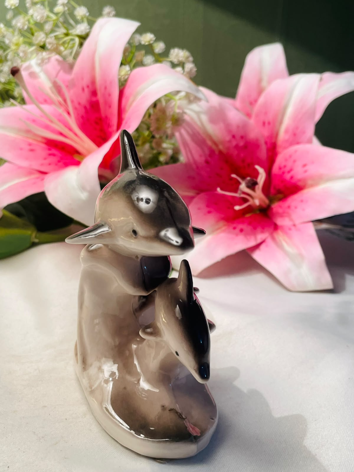 Dolphin Mother & Calf Ceramic Figurine Approx. 10 cm
