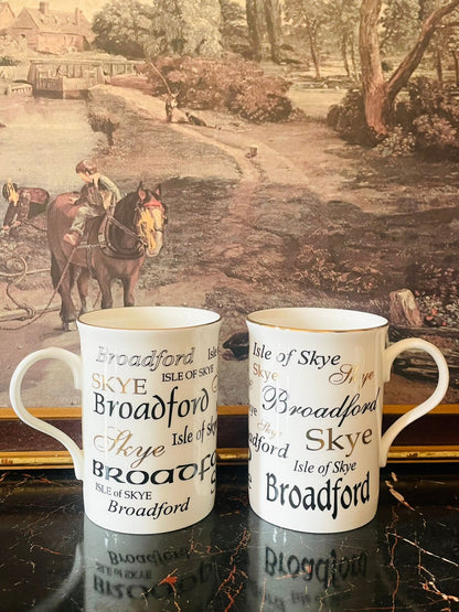 Broadford Isle of Skye mugs, Sutherlands Fine Bone China, English bone china mugs, Scotland souvenir mugs, vintage mugs Pakistan, British typography mugs, collectible bone china, tea coffee mugs England, luxury ceramic mugs, high-end thrift Lahore, cozy kitchenware Pakistan