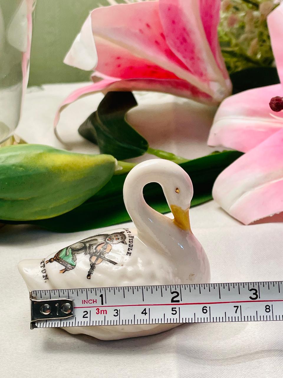 Vintage Ceramic Swan Figurine with Illustrated Transfer 8 cm