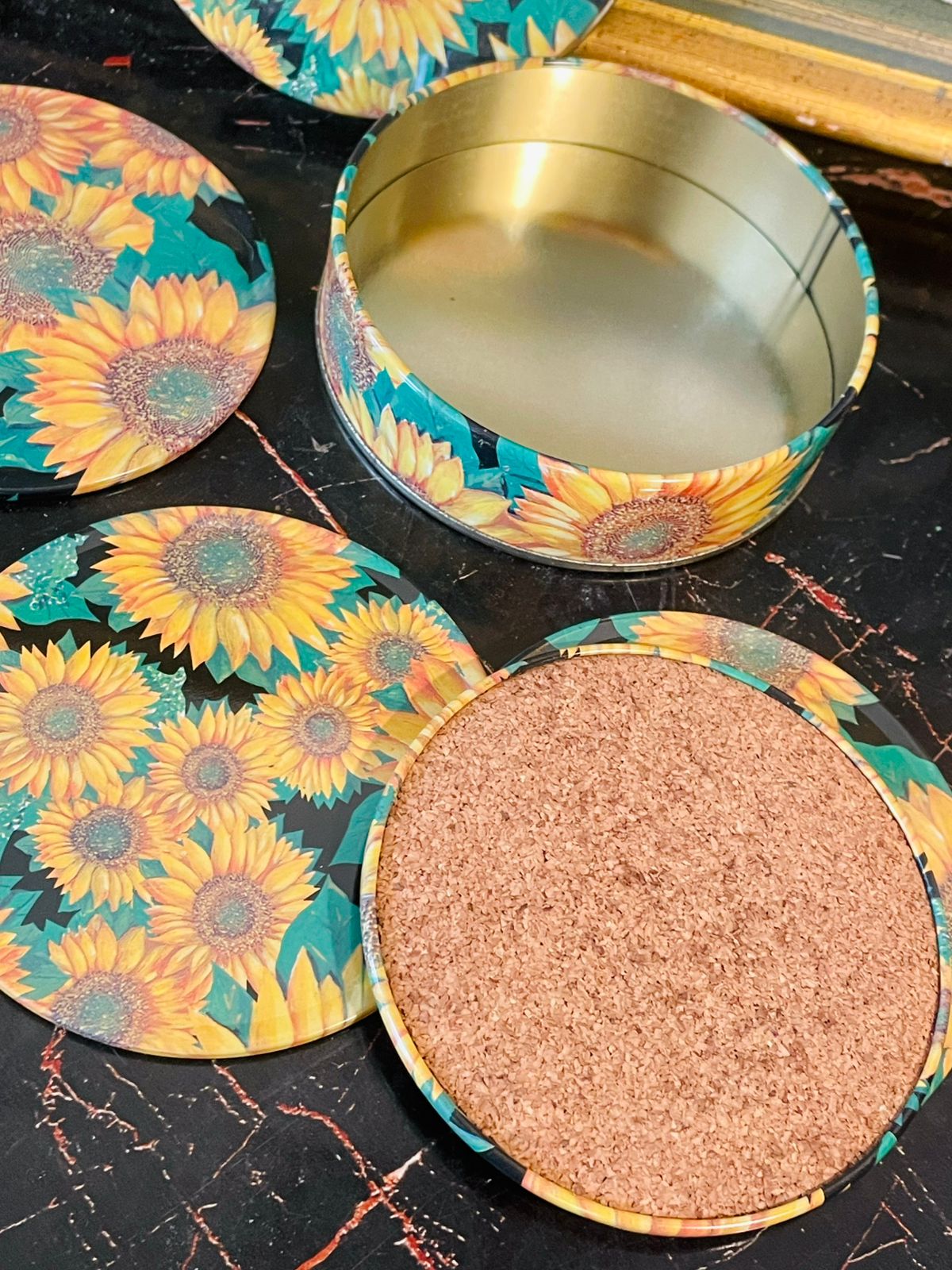 Vintage Sunflower Tin Coaster Set (6 Pieces with Matching Storage Tin)