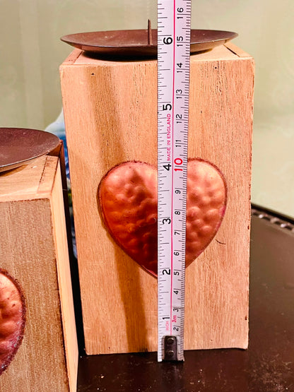 Rustic Wooden Heart Pillar Candle Holder Set – Decorative Wood Candle Stands (2 Pieces, 4 & 5 Inch)