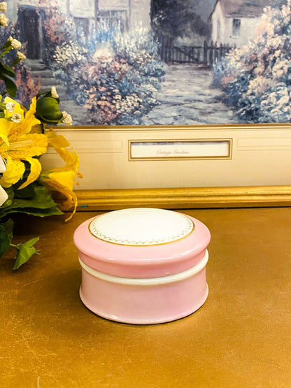 Vintage Pink Ceramic Trinket Box with Gold Trim