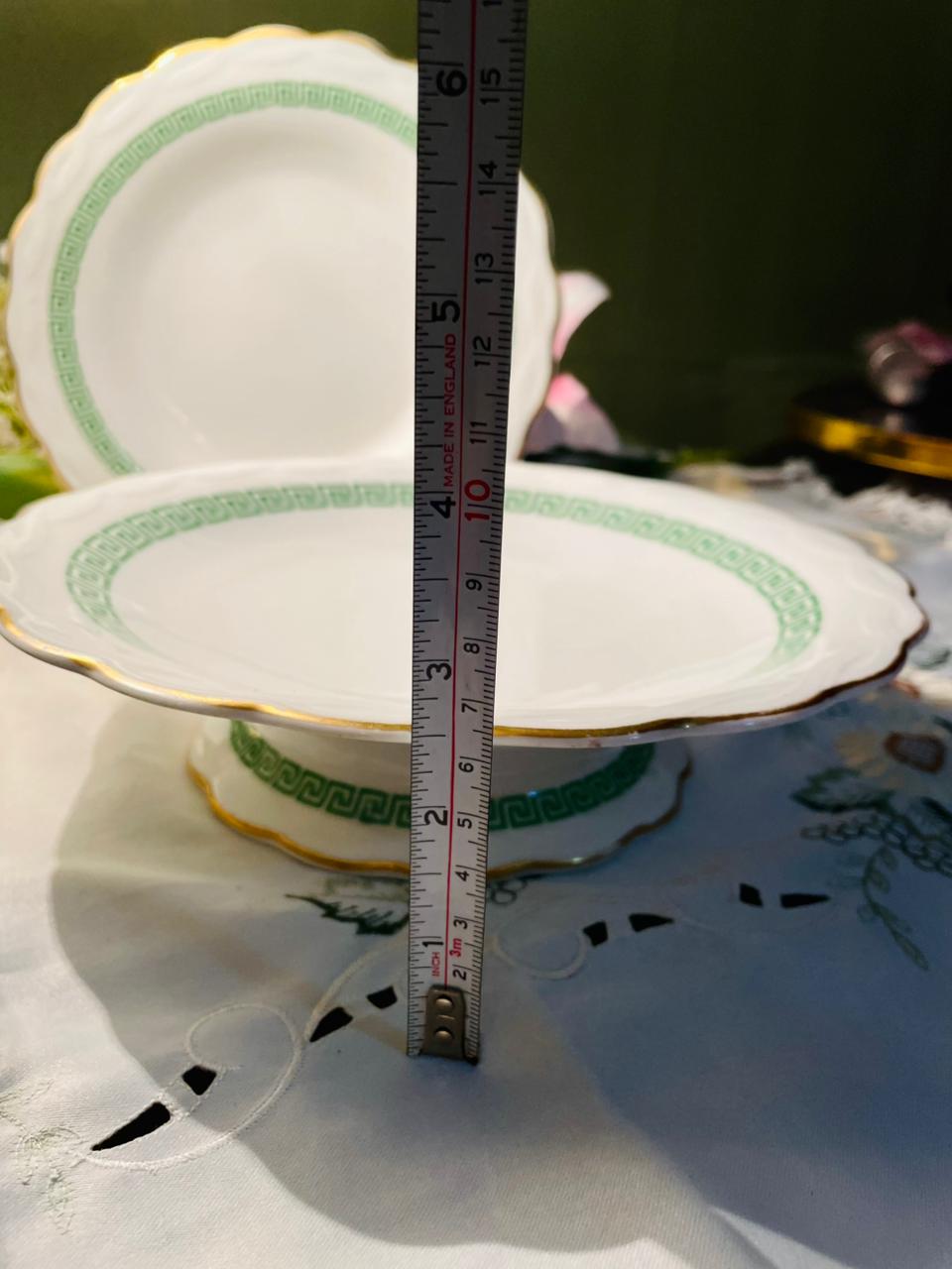 Green Greek Key Gold Rim Dinner Plates & Stand Platers
