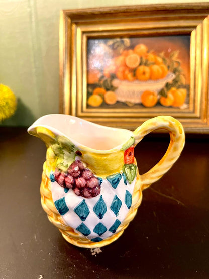 Vintage Fruit & Harlequin Ceramic Pitcher – 4 Inch