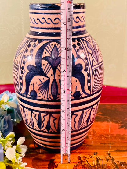 Blue Patterned Pottery Vase – 8 Inch