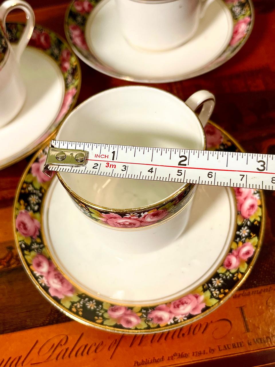 Vintage Fine Bone China Coffee Cup & Saucer Set | Black Rose Border | England