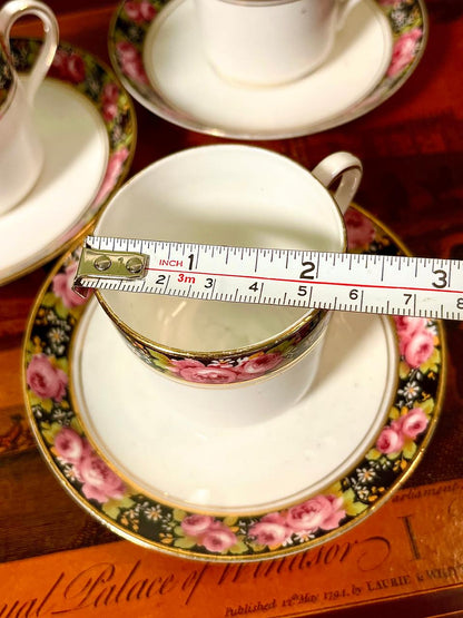 Vintage Fine Bone China Coffee Cup & Saucer Set | Black Rose Border | England