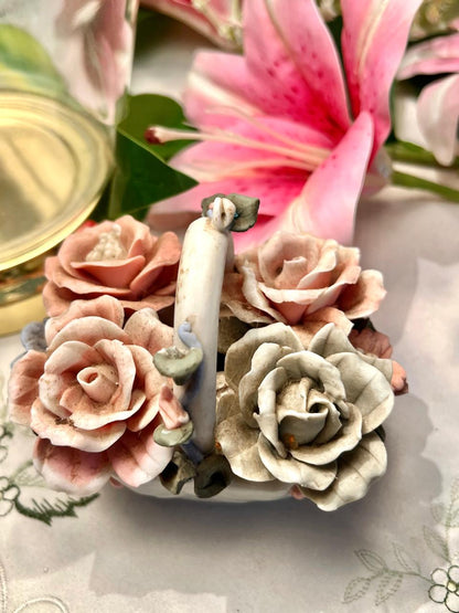 Floral Ceramic Basket with Sculpted Roses 4"