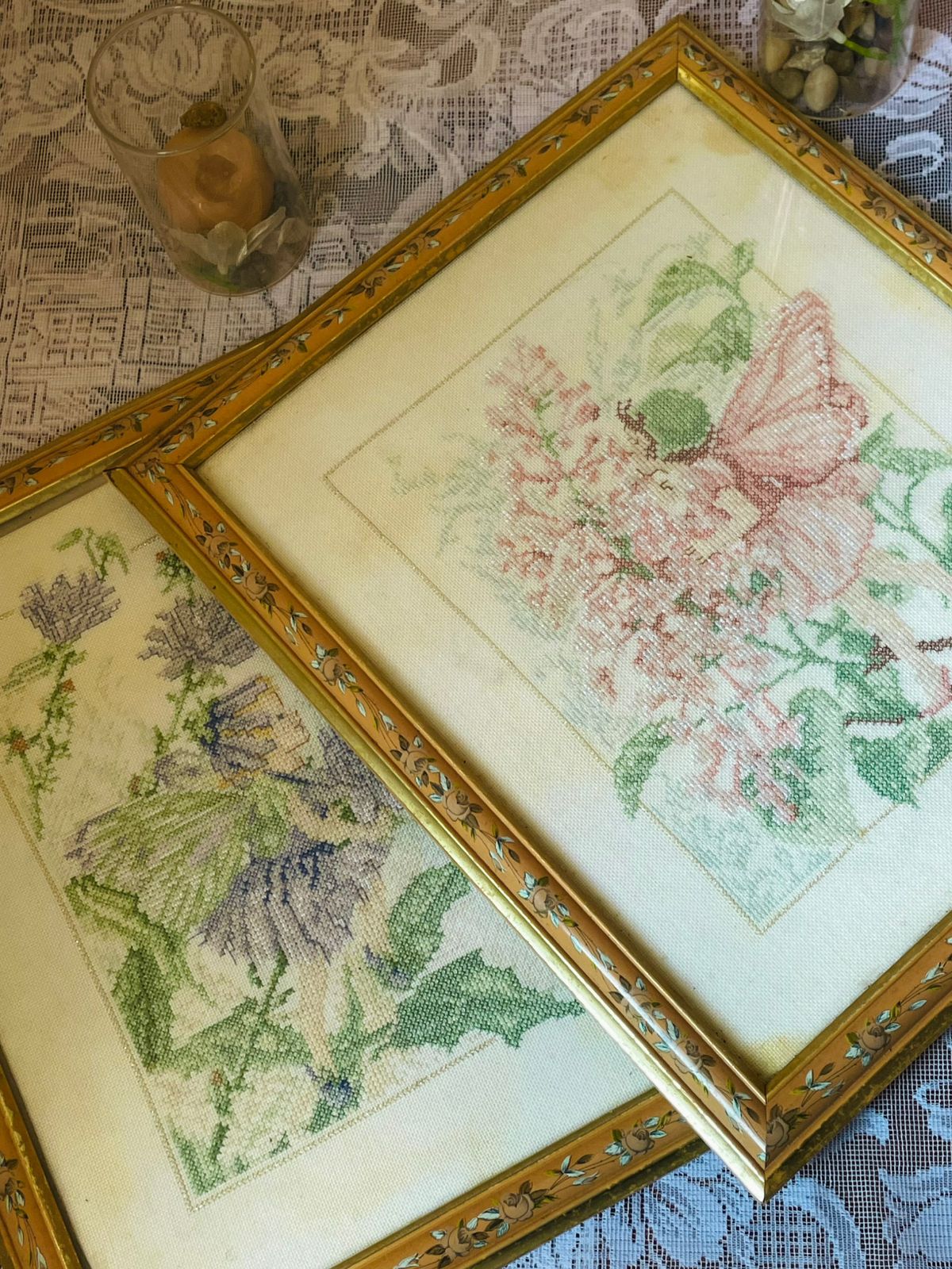 Fairy Cross-Stitch Art – Gold Framed Vintage Embroidery