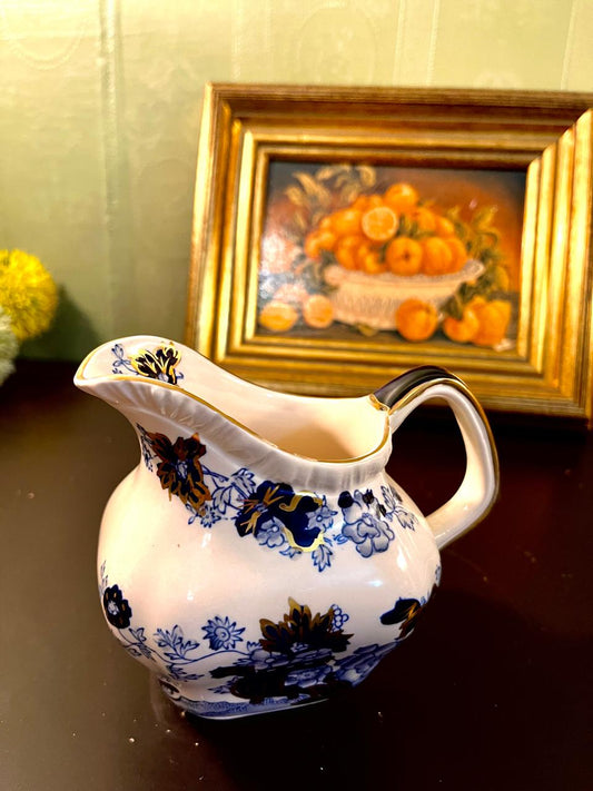 Vintage Blue Floral Porcelain Pitcher with Gold Trim – 5 Inch