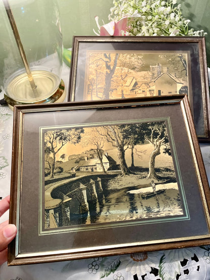 Vintage English Countryside Brass Etched Frames Pair Approx. 11 Inch