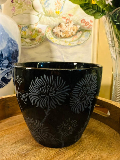 Black Ceramic Planter — 5 Inch Floral Carved Design Decor Pot