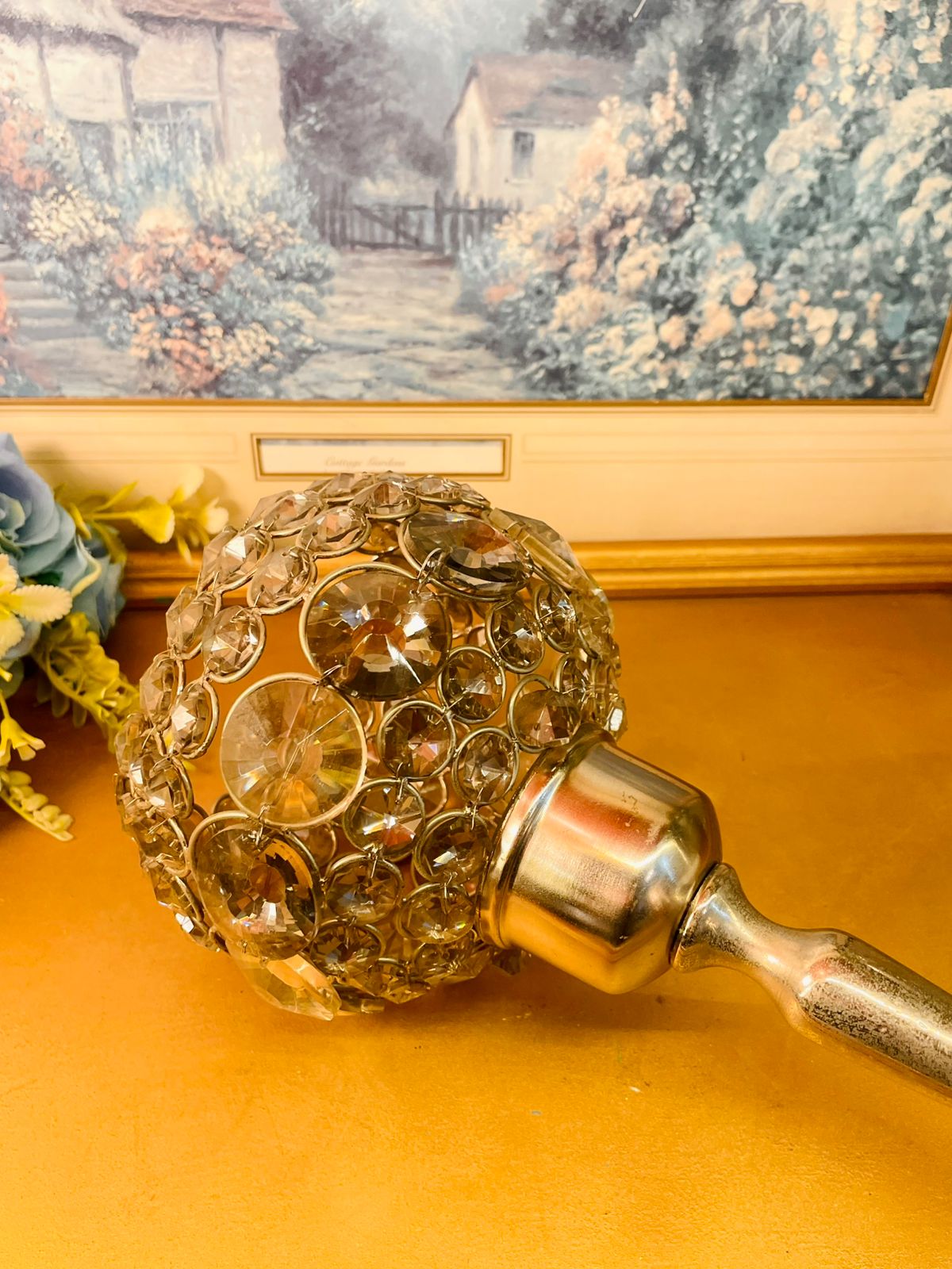 Vintage Crystal Globe Candle Stand Gold Finish