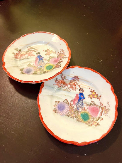 Vintage Japanese Scenic Porcelain Bowl Small 10 cm Red Rim