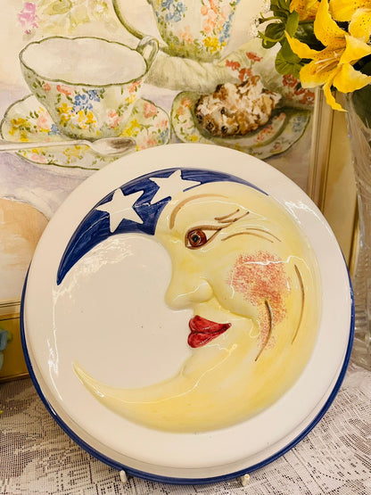 Hand-Painted Moon Face Ceramic Wall Plate