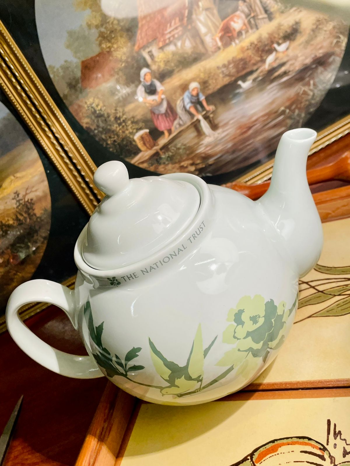 Teapot – Birds & Floral Design, White & Green (Large Size)