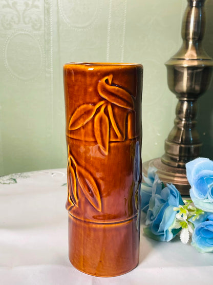 Vintage Brown Bamboo-Relief Ceramic Vase 18 cm