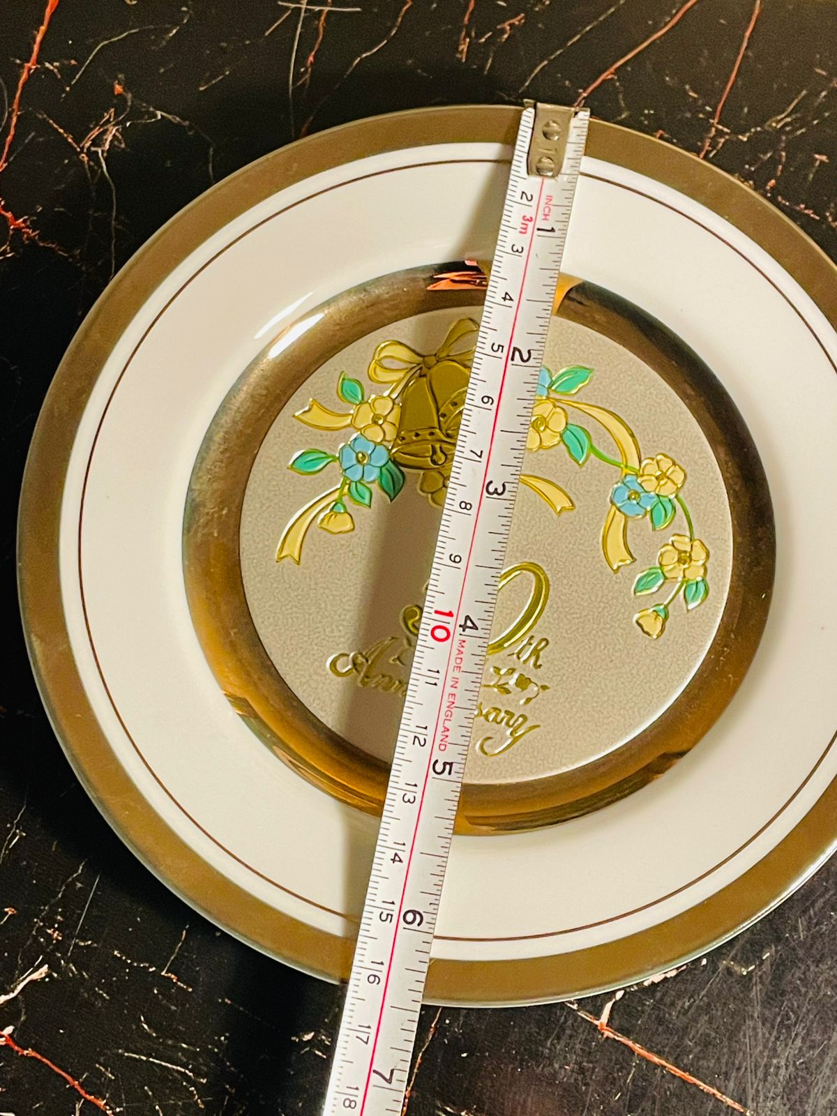 Chokin Art 50th Anniversary Display Plate – Gold Floral Bells – Vintage Japan