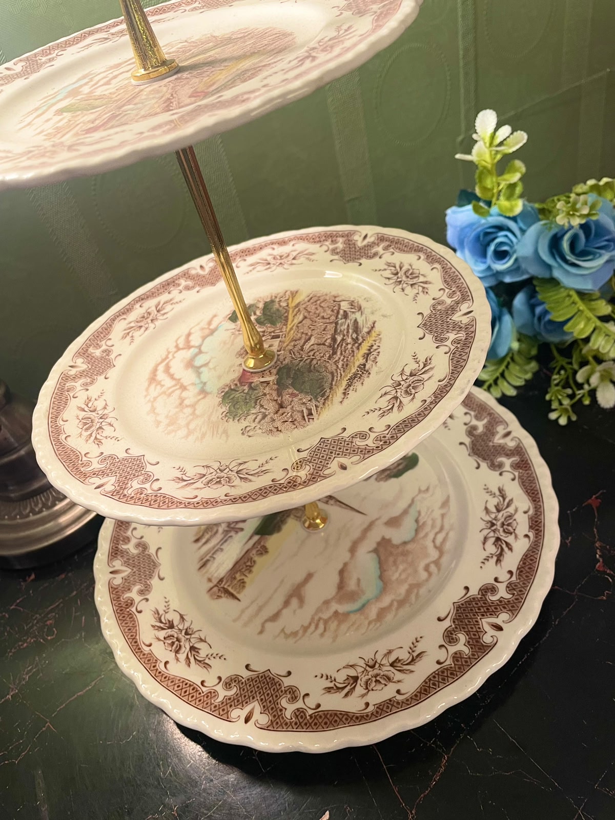 Vintage 3-Tier English Transferware Cake Stand