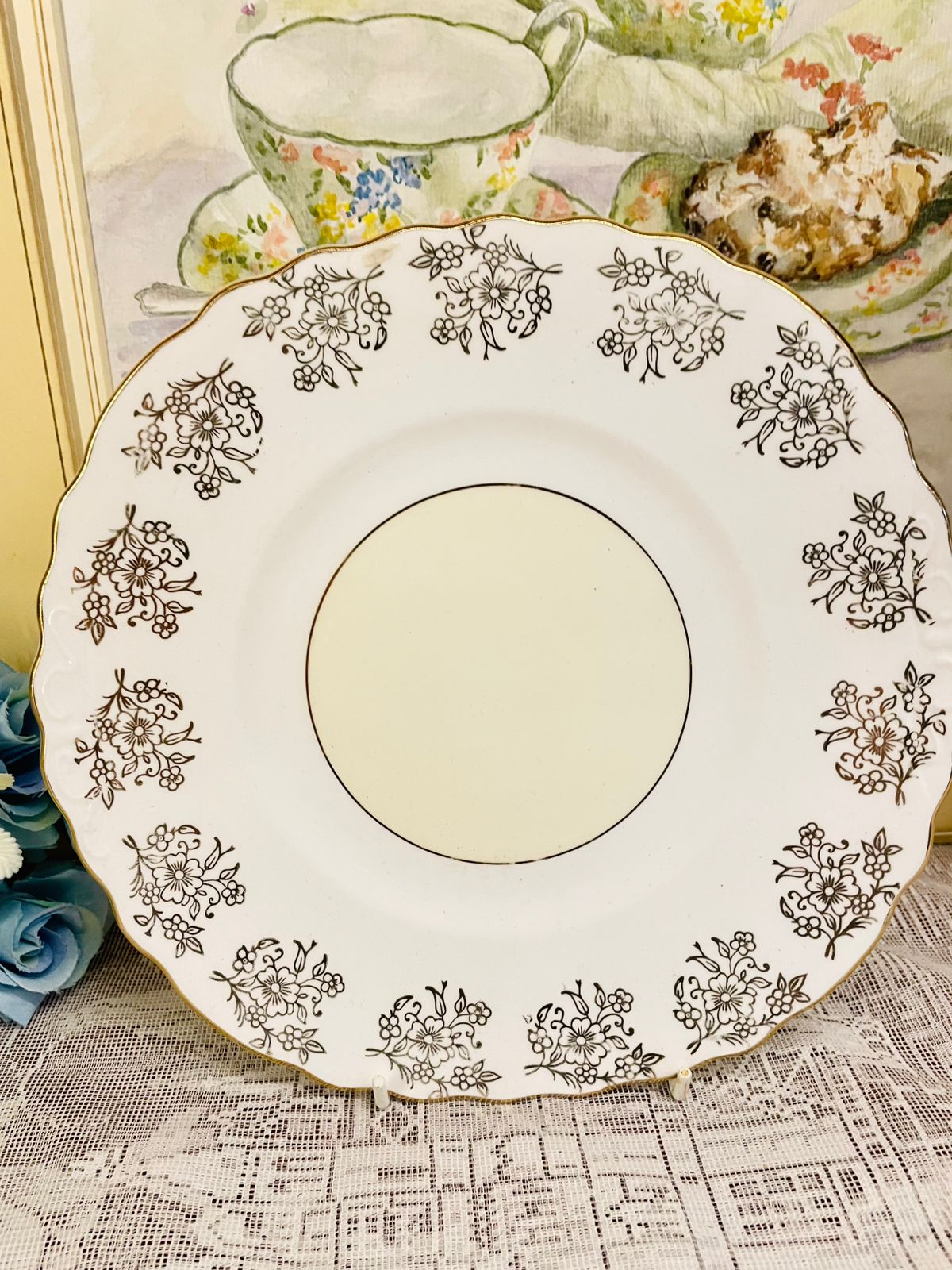 Vintage Mayfair Bone China Cake Platter | Elegant Floral Design | Gold Trim