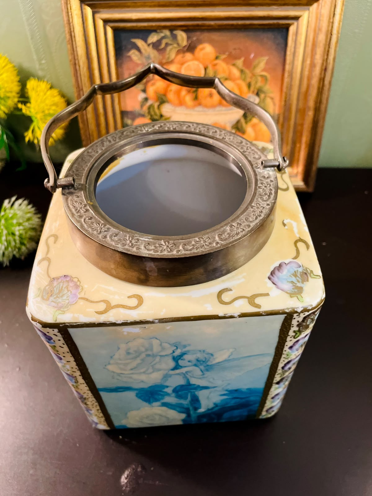 Vintage Fairy Porcelain Candle Lantern with Metal Handle 8 Inch