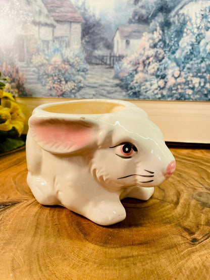 Vintage Rabit Ceramic Planter – White Animal Pot